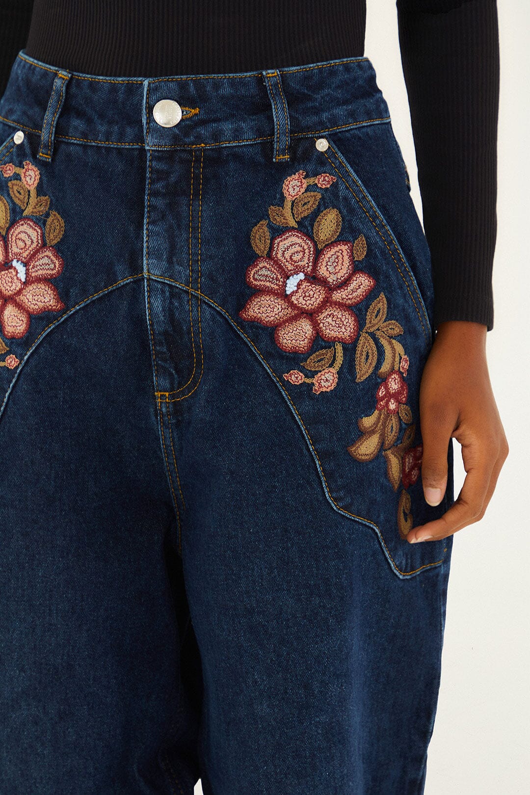 Denim Floral Embroidery Pants