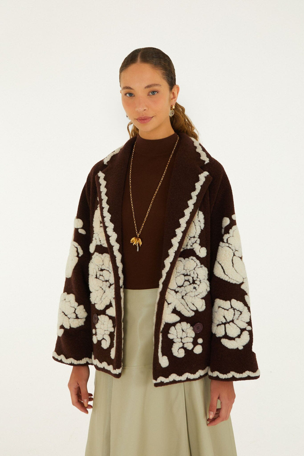 Flowers Pockets Crop Fleece Coat
