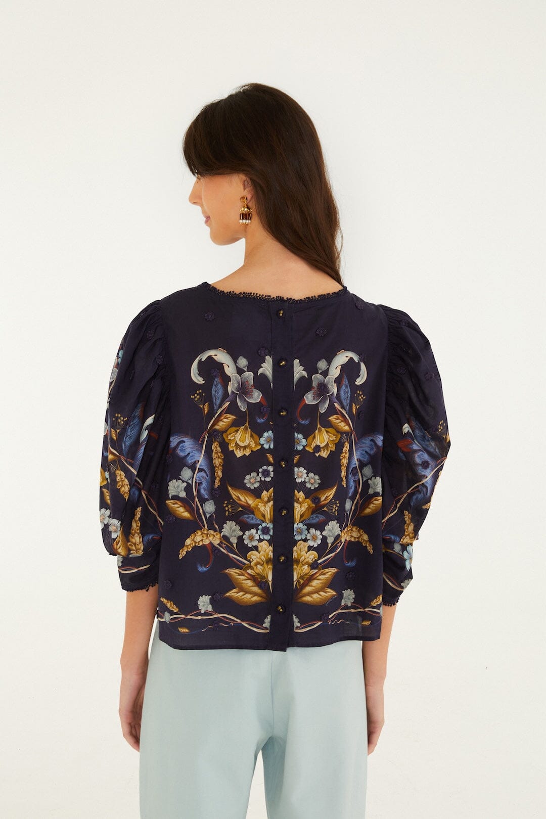 Golden Nature 3D Flower Puff Sleeve Blouse