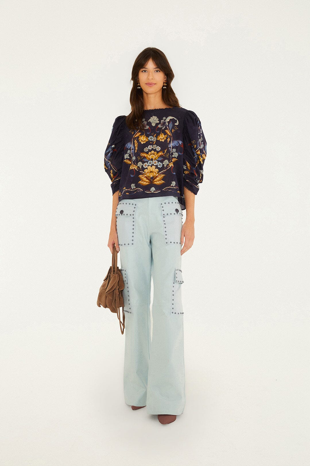 Golden Nature 3D Flower Puff Sleeve Blouse