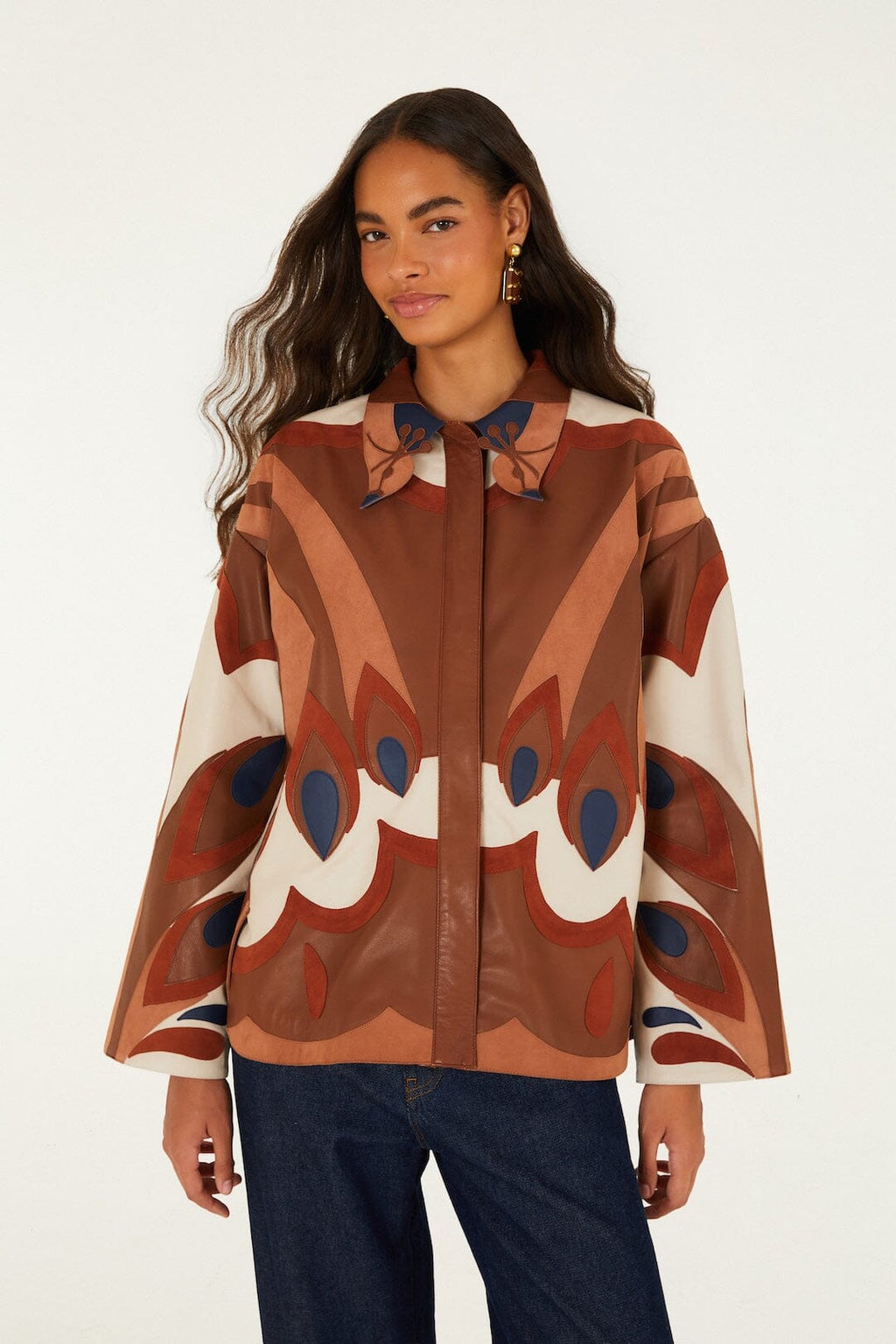 Graphic Bird Collared Leather Shirt