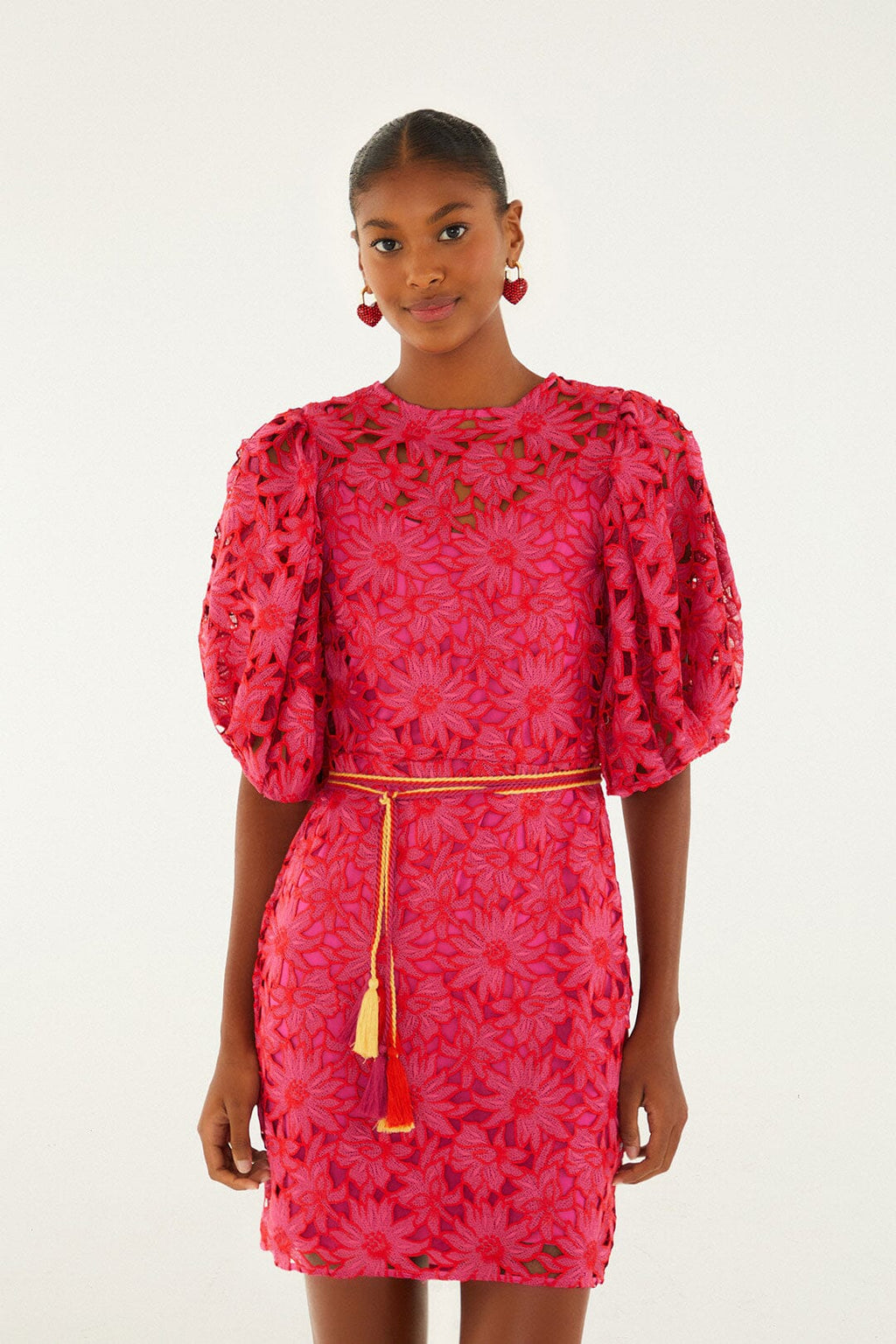 Pink Flowered Lace Puff Sleeve Lined Mini Dress