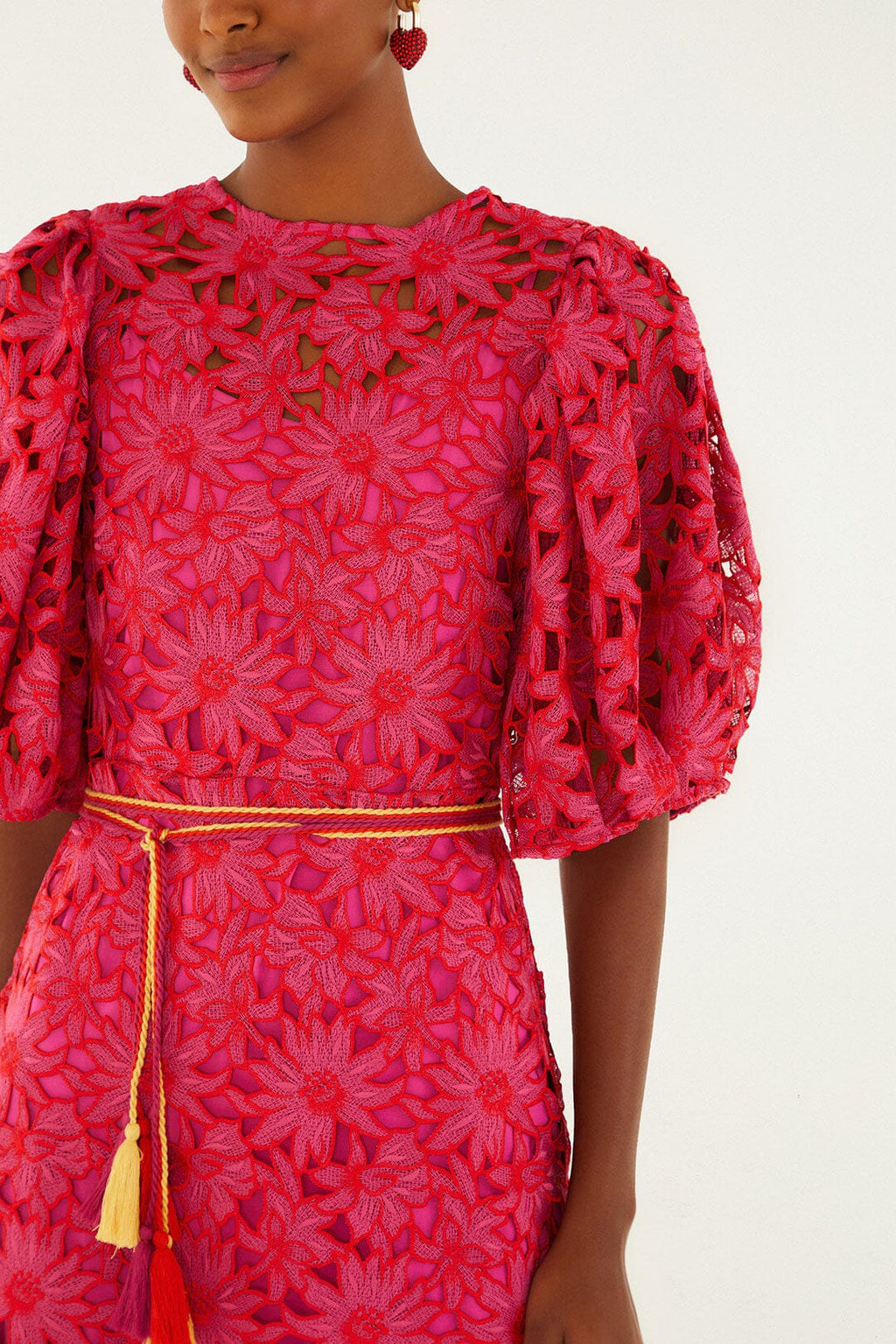 Pink Flowered Lace Puff Sleeve Lined Mini Dress