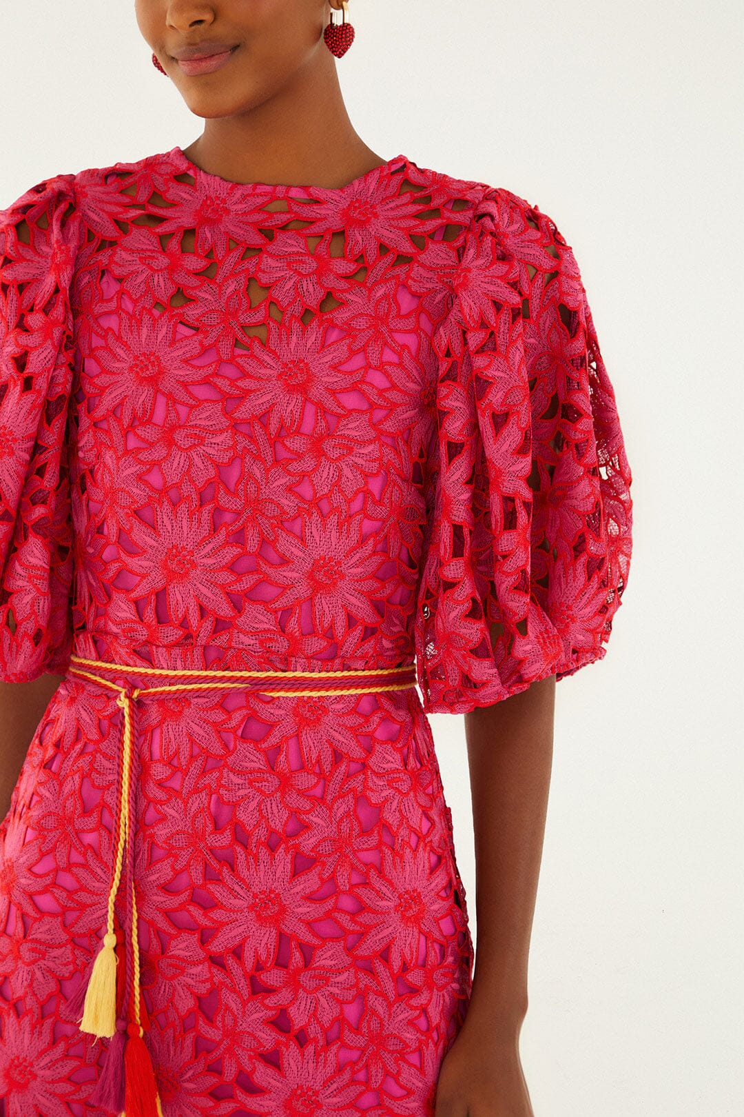 Pink Flowered Lace Puff Sleeve Lined Mini Dress