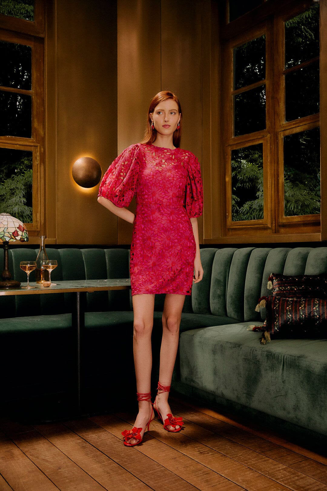 Pink Flowered Lace Puff Sleeve Lined Mini Dress