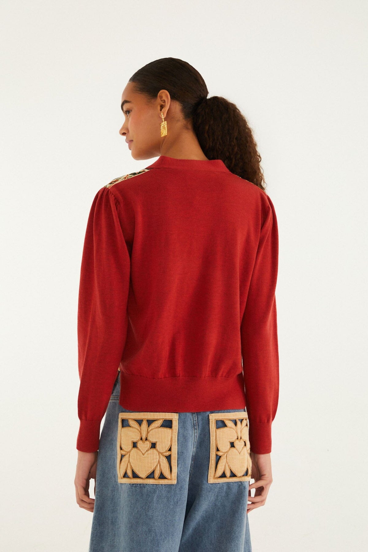 Red Ainika Garden Scarf Buttoned Knit Cardigan