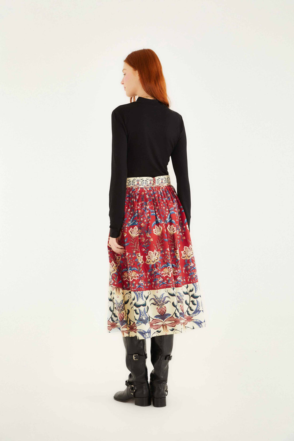 Red Winter Breeze Buttoned Belted Organic Cotton Midi Skirt
