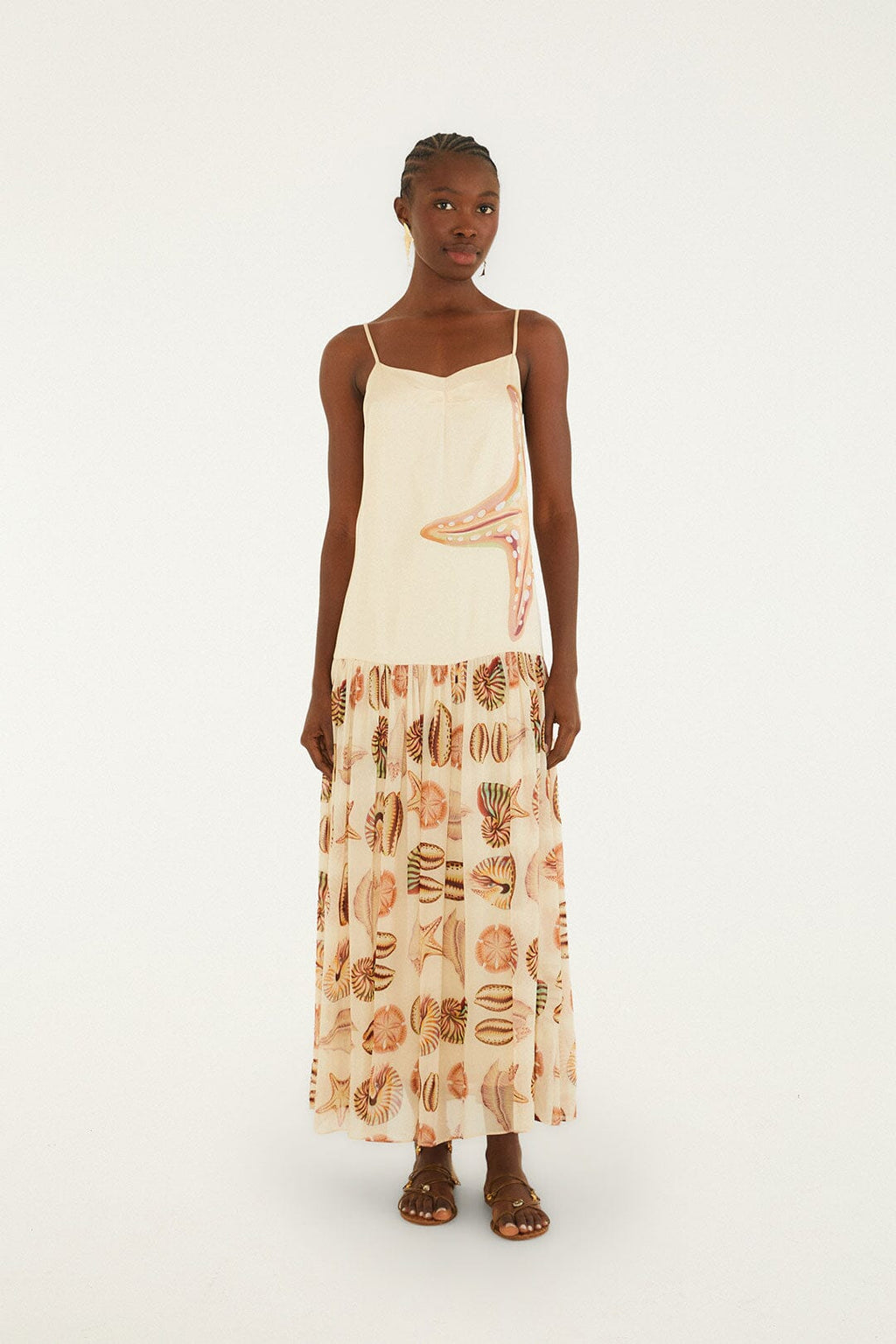 Sand Marine Shells Pleated Sleeveless Maxi Dress