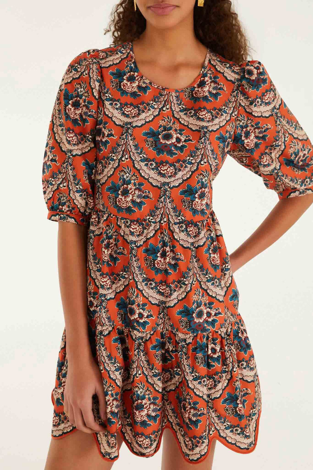 Terracotta Victorian Floral Puff Sleeve Mini Dress