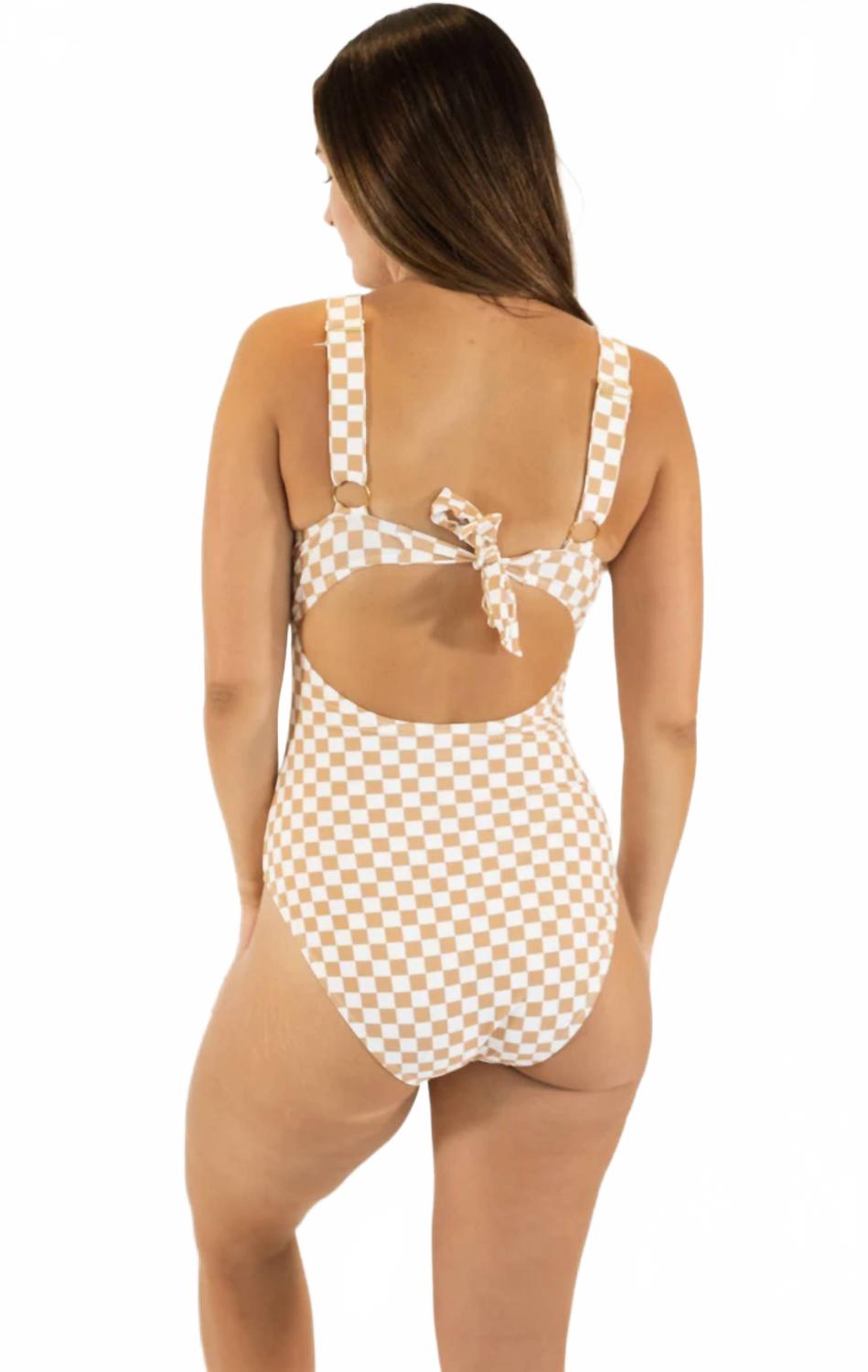 Women's Tie One Piece Swimswear In Tan Checkered