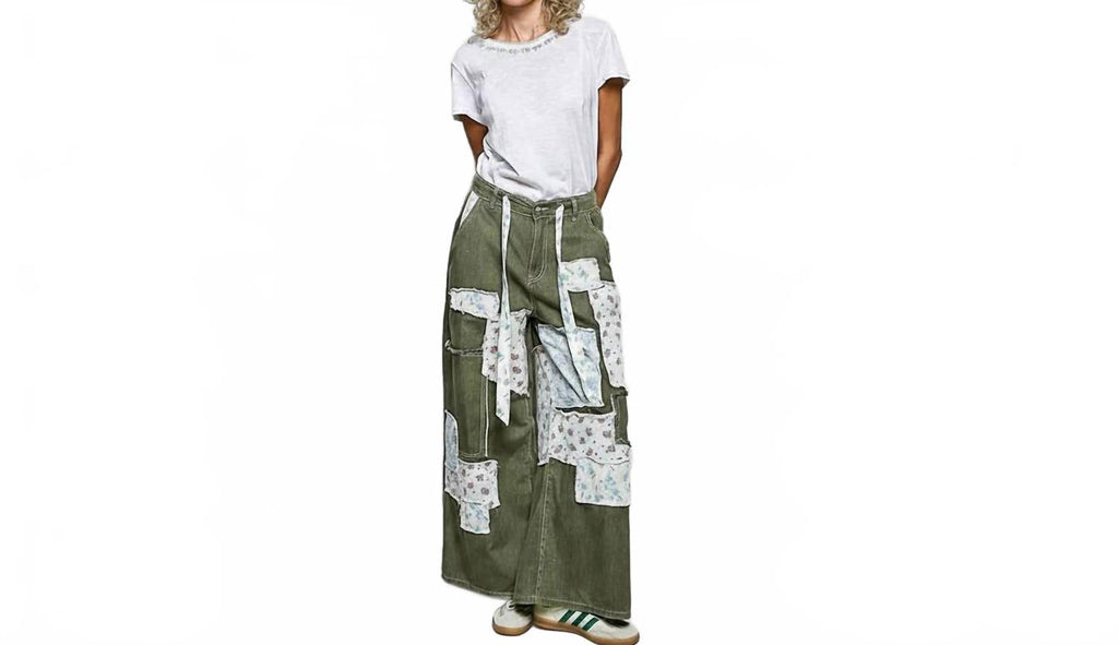 Patchwork Detail Denim Straight Fit Pants In Olive Multi