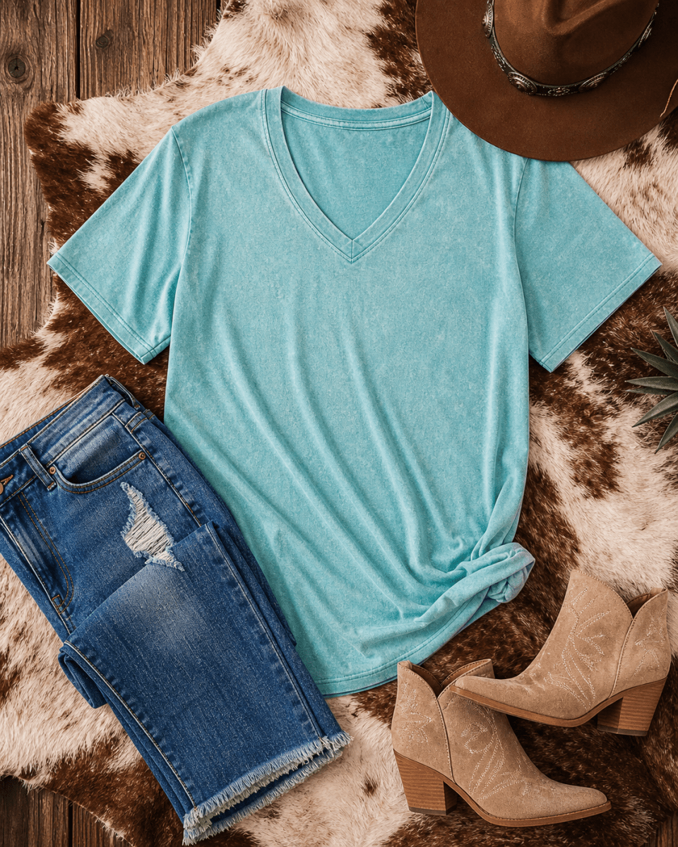 Frisco Acid Wash V-Neck Tee in Dusty Teal