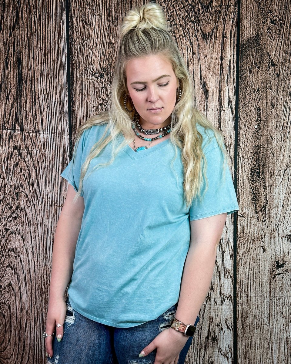 Frisco Acid Wash V-Neck Tee in Dusty Teal