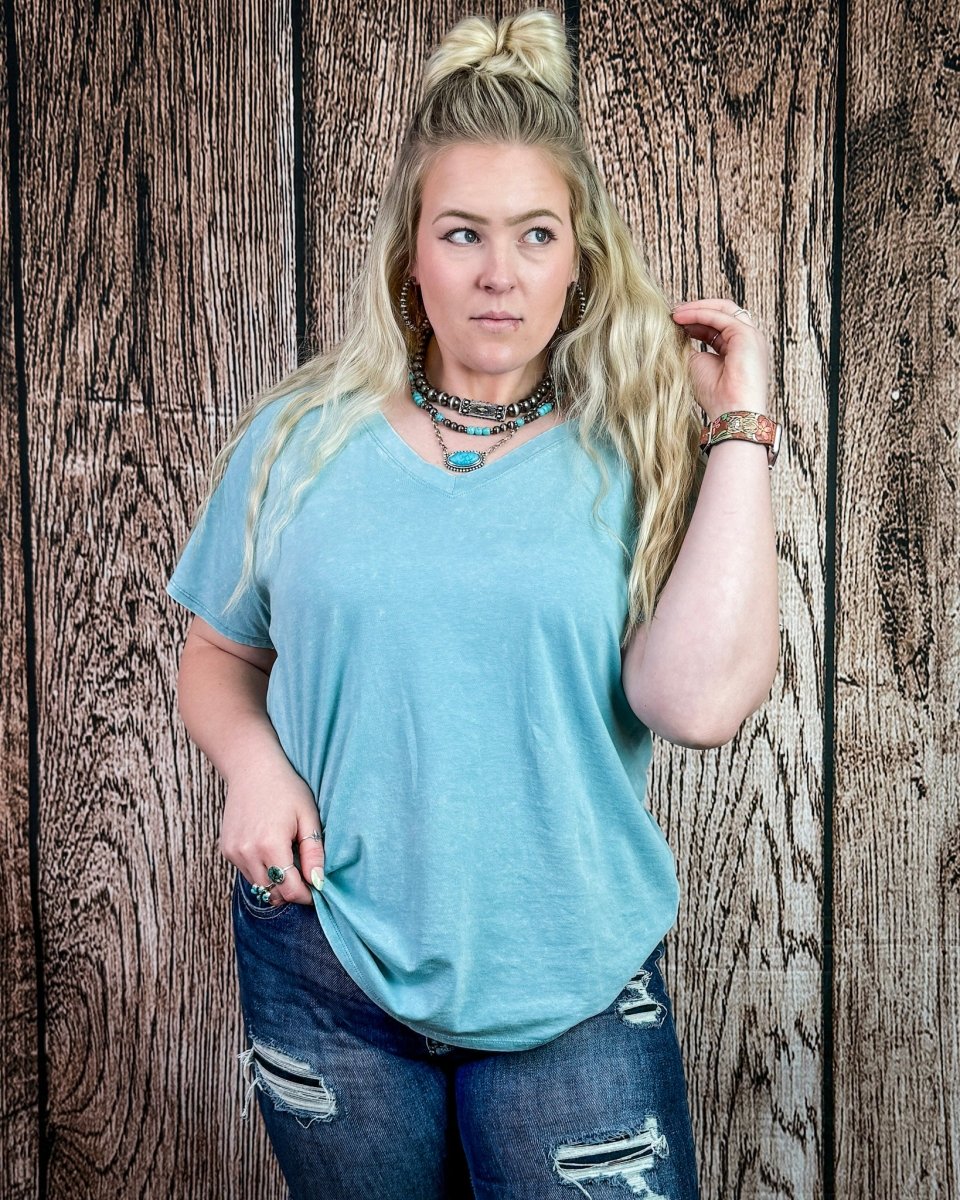 Frisco Acid Wash V-Neck Tee in Dusty Teal