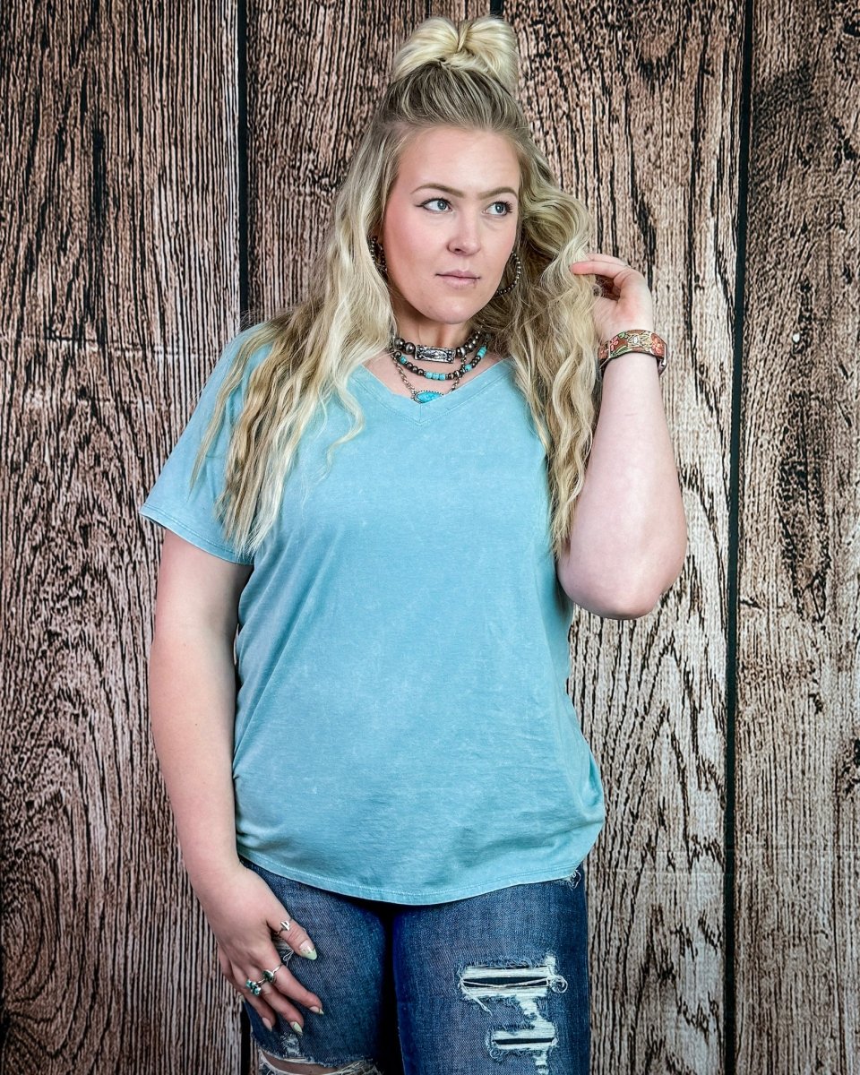 Frisco Acid Wash V-Neck Tee in Dusty Teal