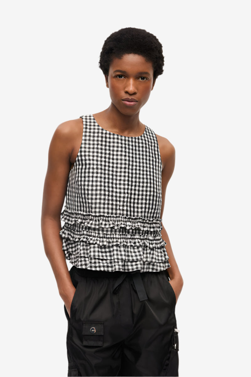 Ganni Crinkled Taffeta Frill Top