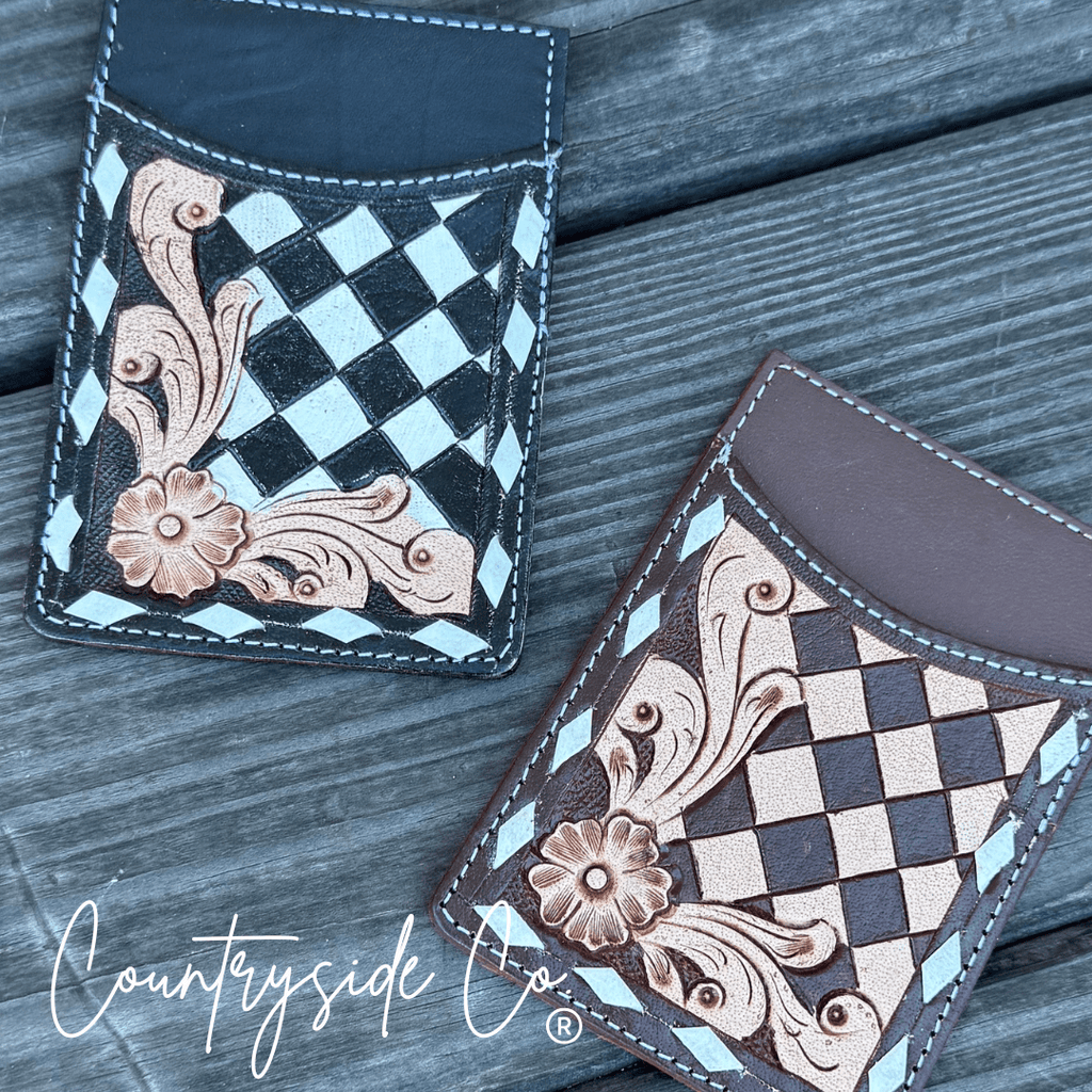 Hadley Checkered Leather Card Holder in Black by Countryside Co.
