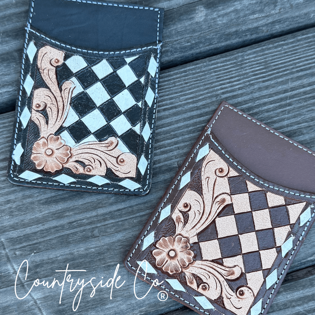 Hadley Checkered Leather Card Holder in Black by Countryside Co.