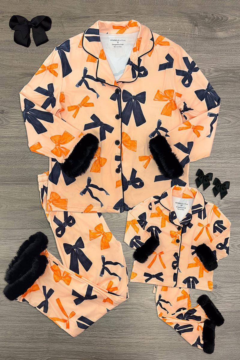 Mom & Me - Fuzzy Orange & Black Bow Pajamas