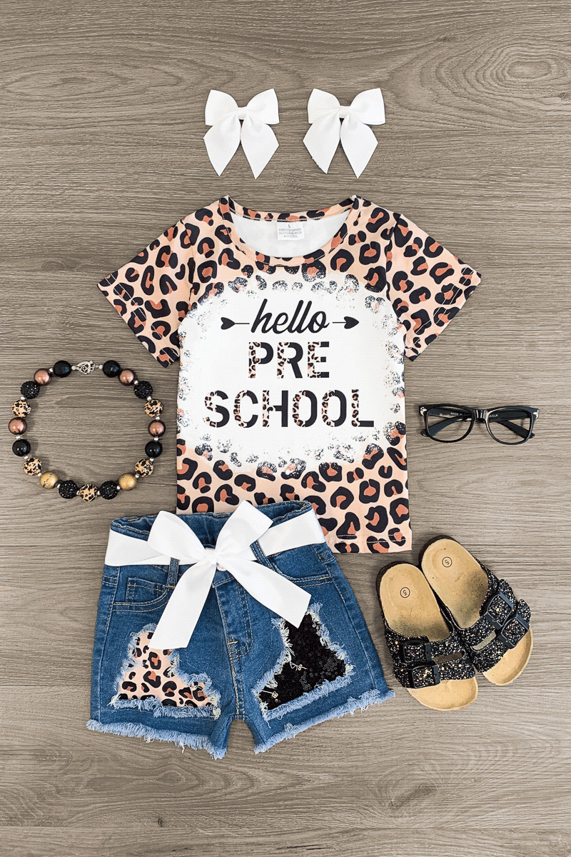 "Hello Preschool - 6th Grade" Cheetah Denim Short Set