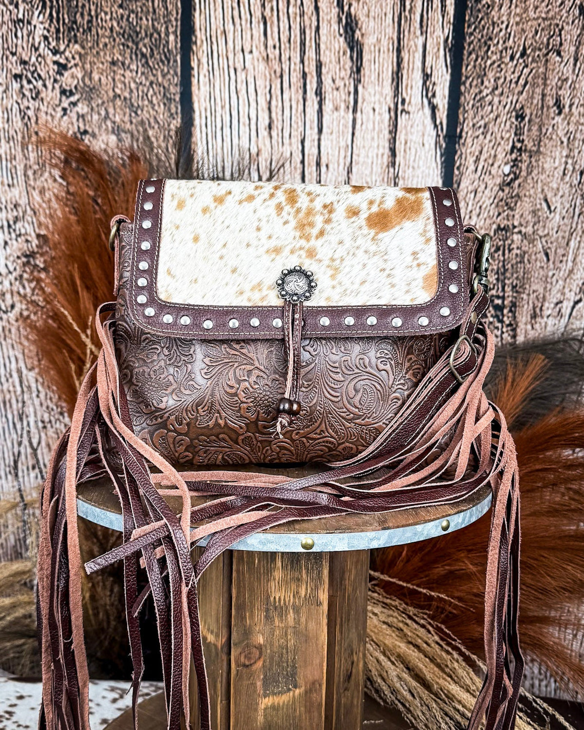 Carved Blossoms Leather & Hairon Bag by Myra Bag
