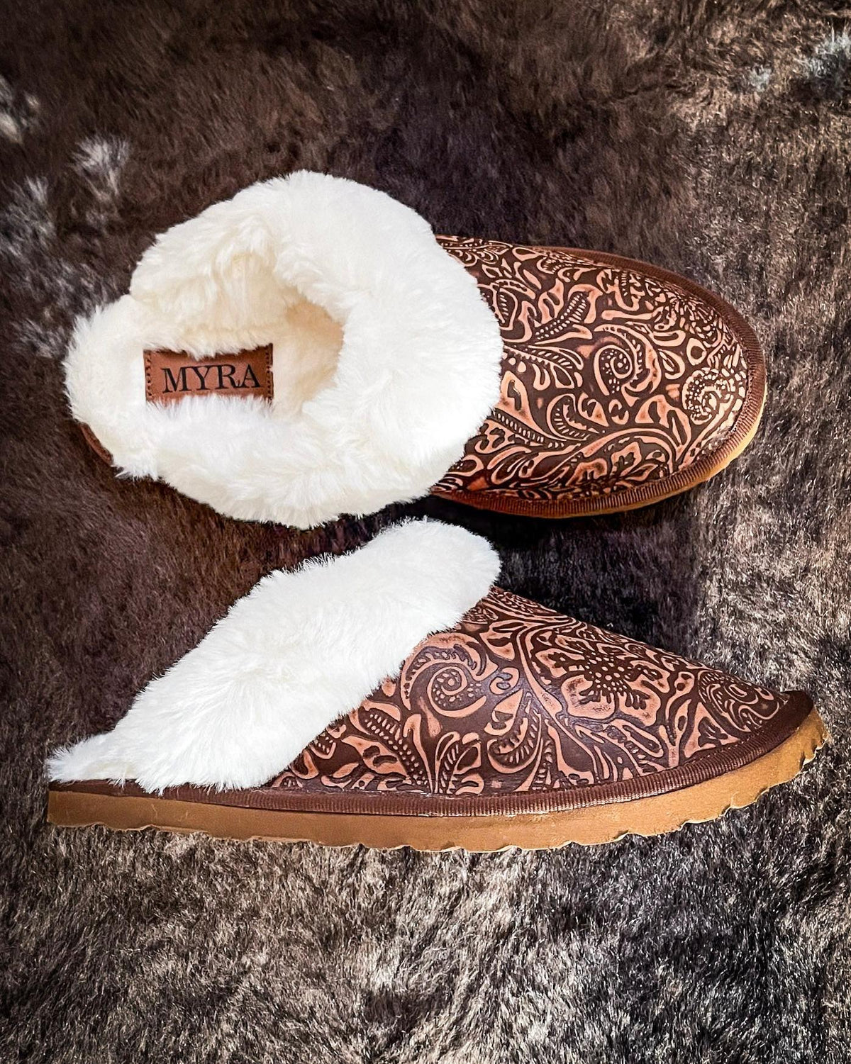 Classic Lined Brown Leather Slippers by Myra Bag