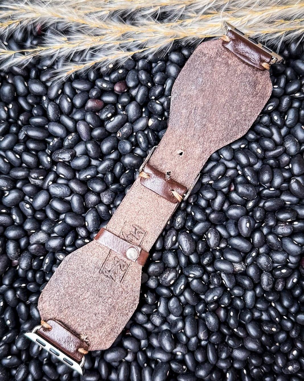 Myra Bag - Lone Star Hand Tooled Leather Watch Band in Antique Mahogany
