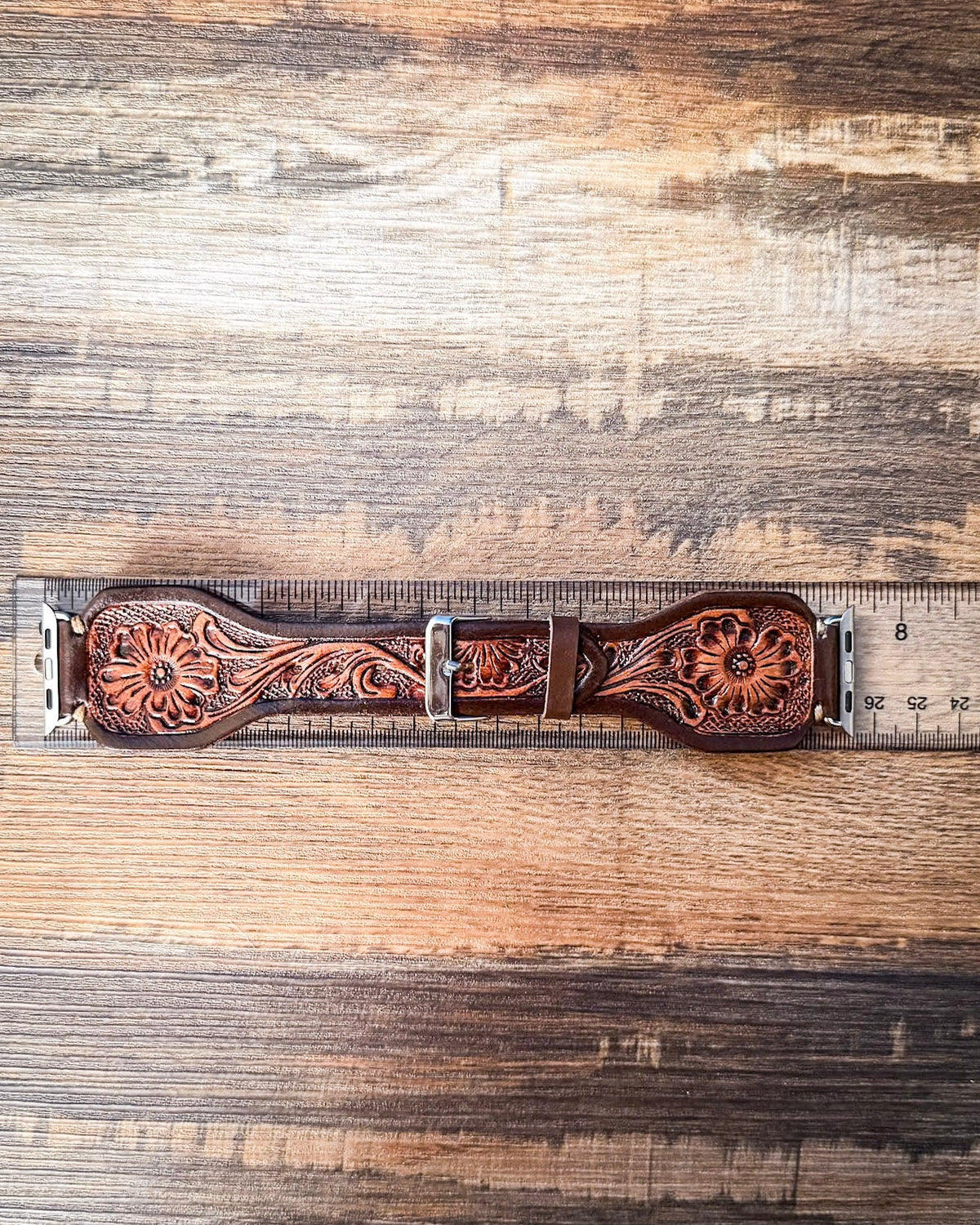 Myra Bag - Lone Star Hand Tooled Leather Watch Band in Antique Mahogany