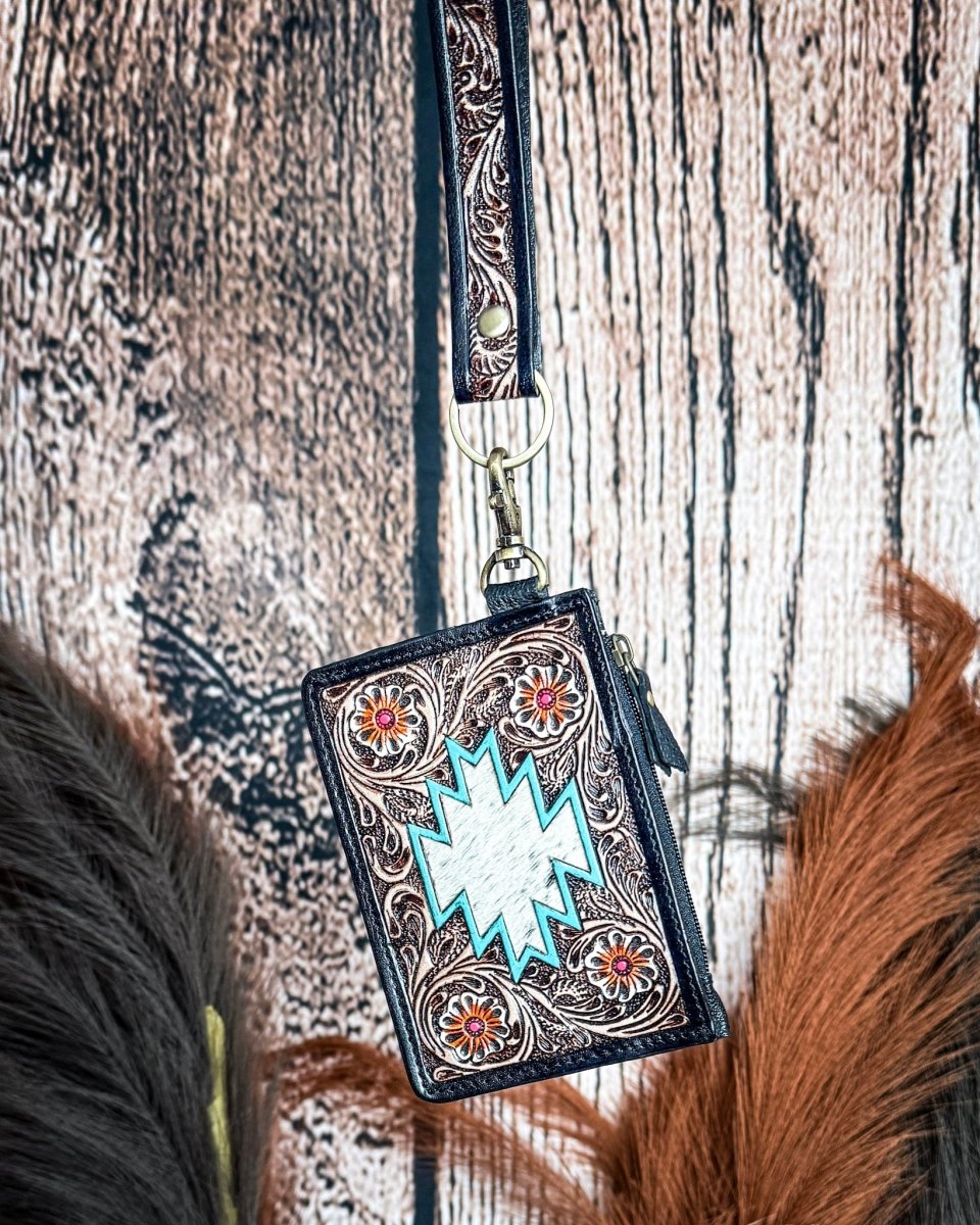 Navajo Sky Hand Tooled Hairon Leather Card Holder in Antique Brown By Myra Bag