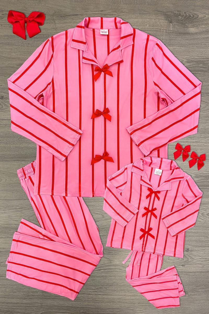 Mom & Me - Pink & Red Stripe Bow Pajamas