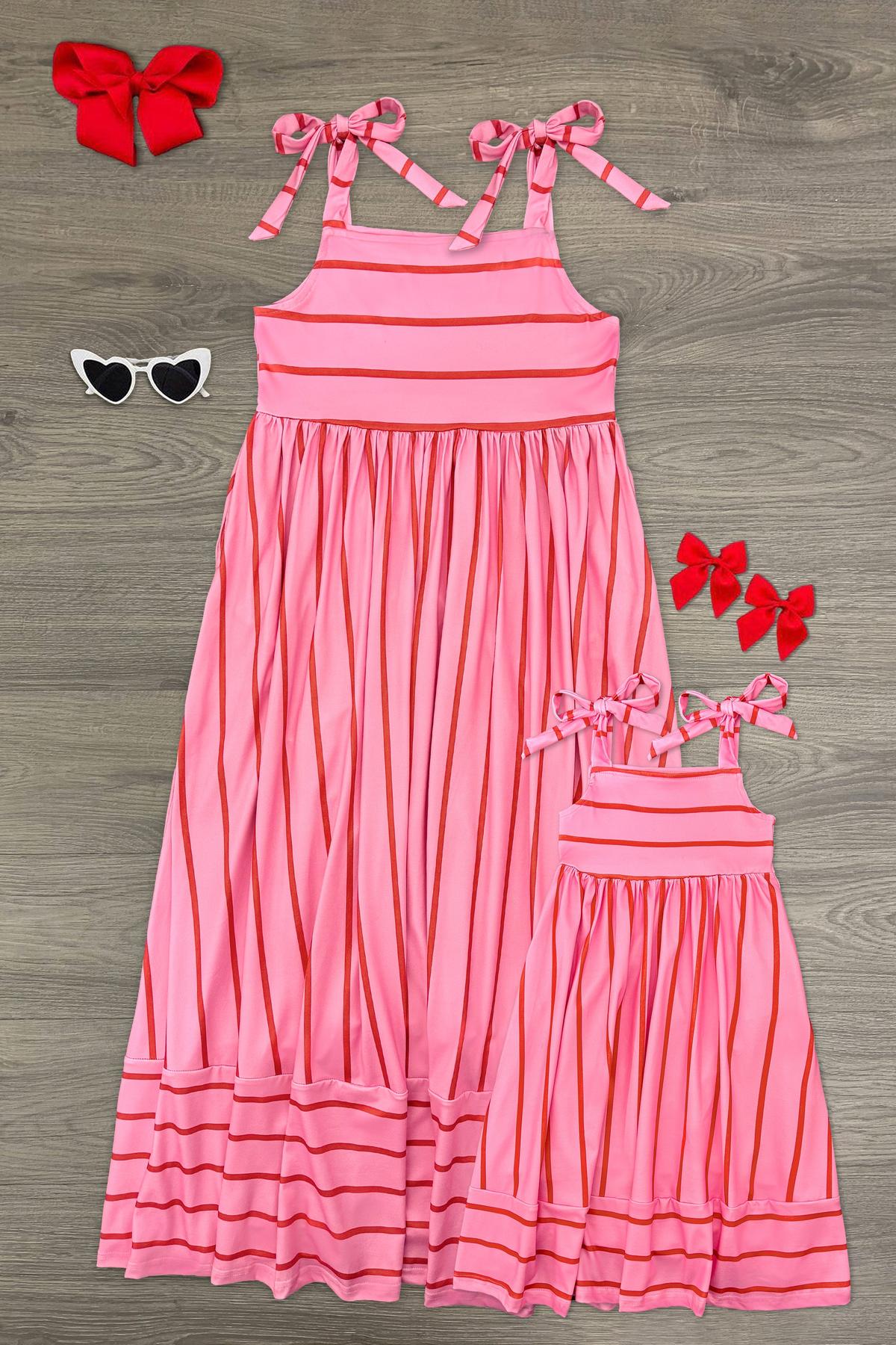 Mom & Me - Pink & Red Striped Maxi Dress