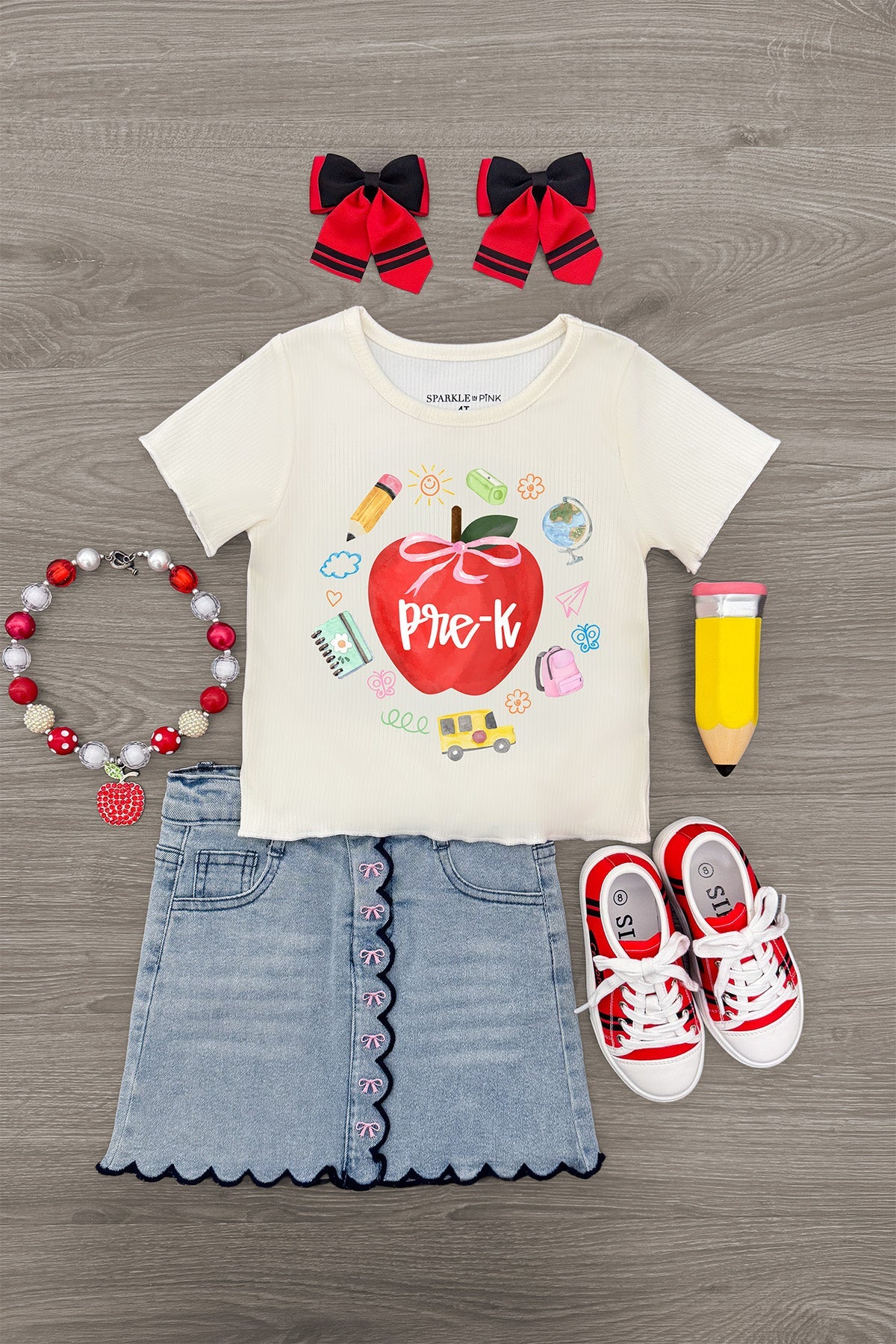 "Pre-K - Fifth Grade" Apple Denim Skirt Set