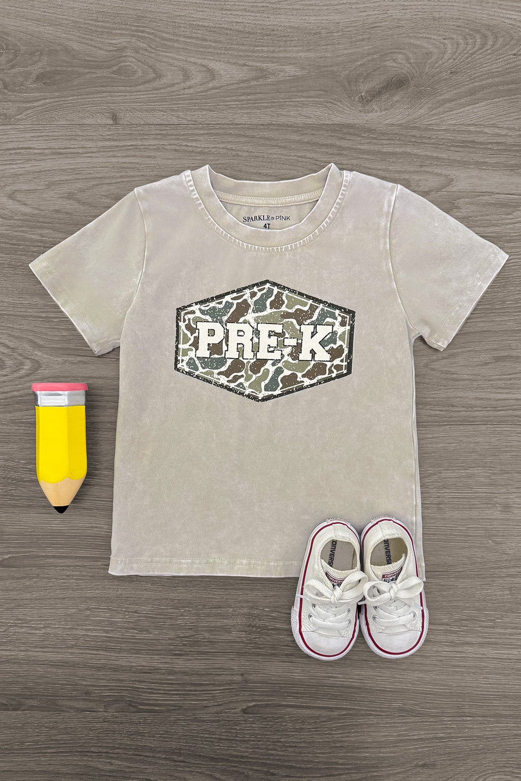 "Pre-K - Sixth Grade" Gray Camo Top