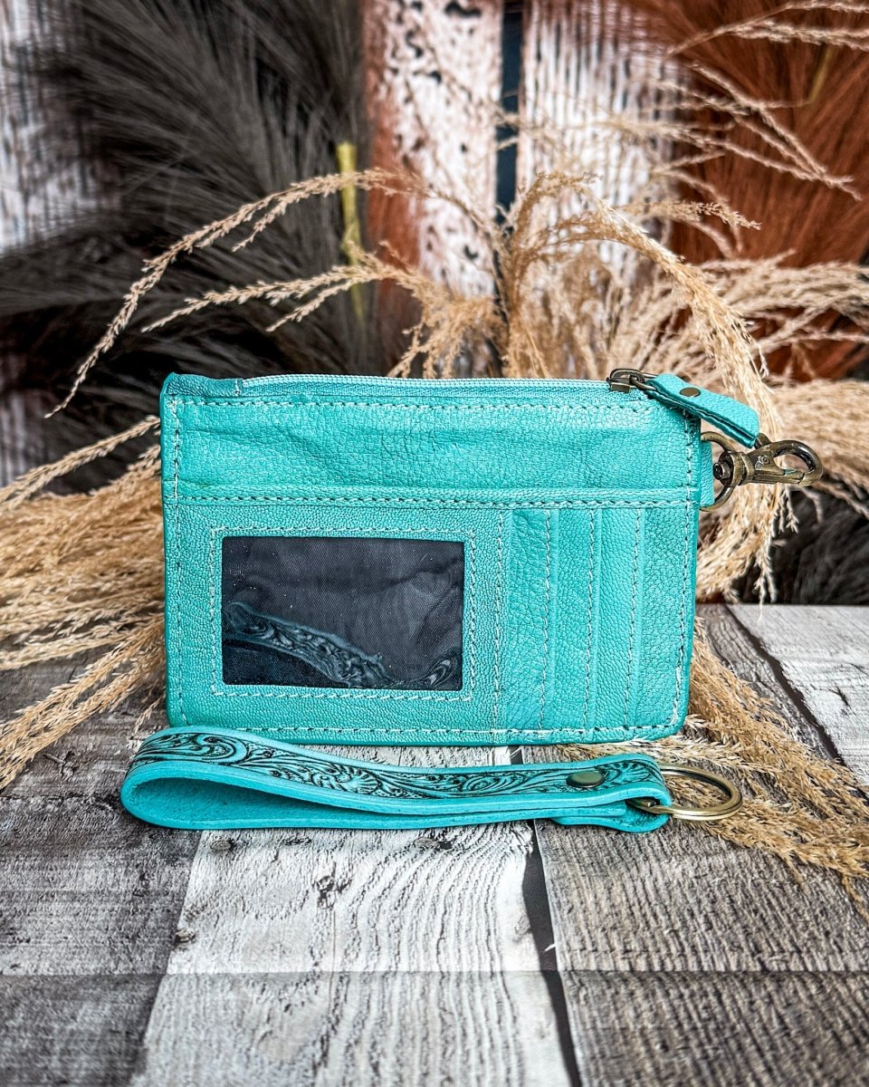 Sage River Hand Tooled Hairon Leather Card Holder in Frontier Aqua By Myra Bag