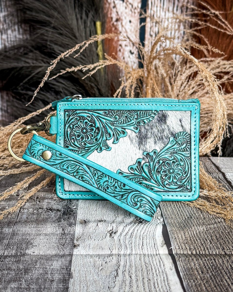 Sage River Hand Tooled Hairon Leather Card Holder in Frontier Aqua By Myra Bag