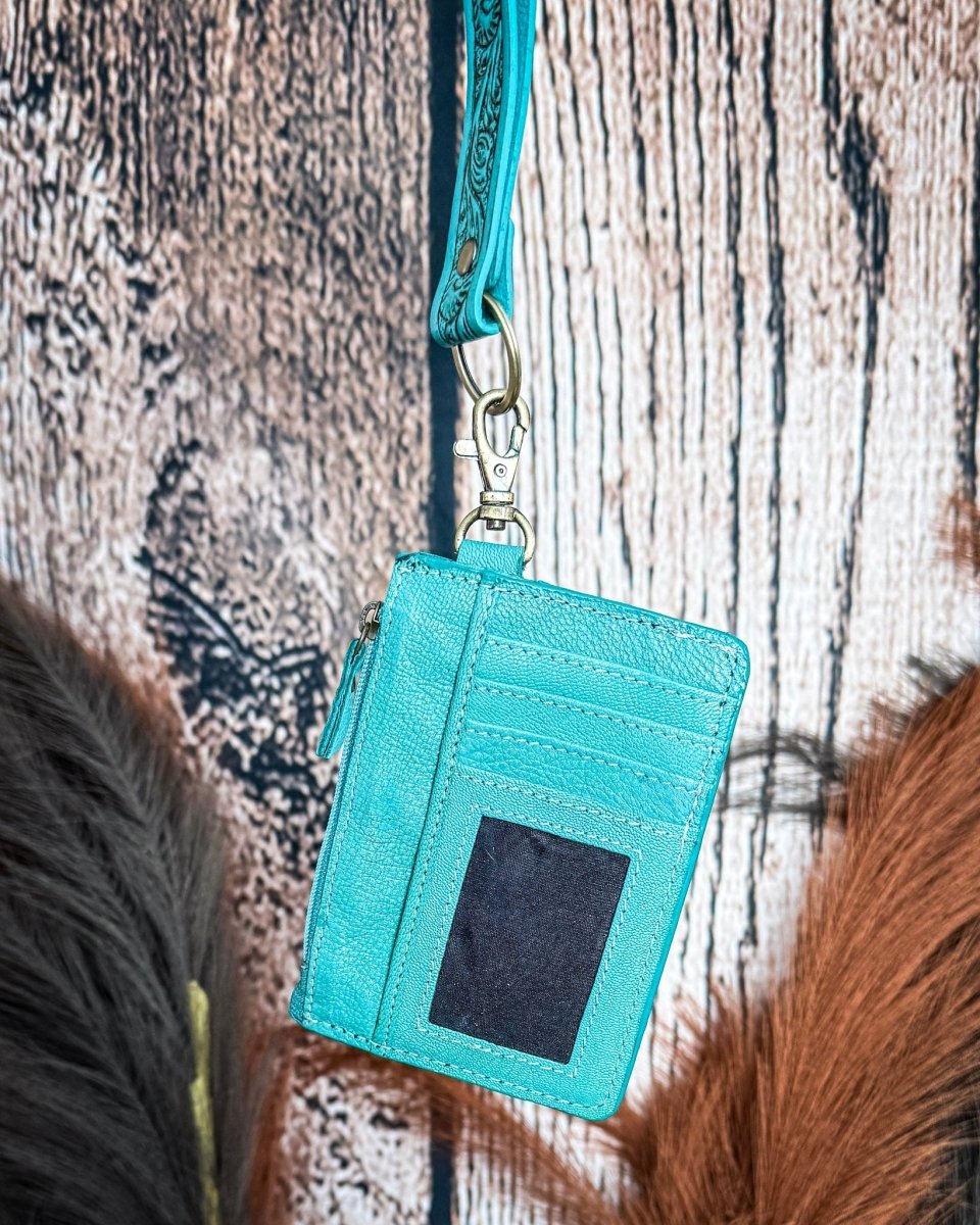 Sage River Hand Tooled Hairon Leather Card Holder in Frontier Aqua By Myra Bag
