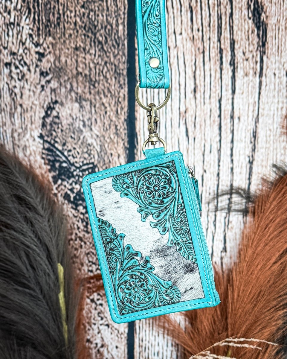 Sage River Hand Tooled Hairon Leather Card Holder in Frontier Aqua By Myra Bag