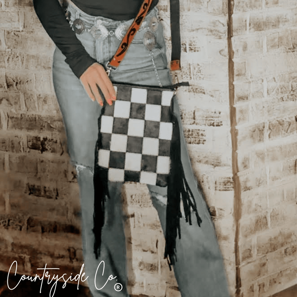 Stockyard Checkered Cowhide Fringe Purse by Countryside Co.
