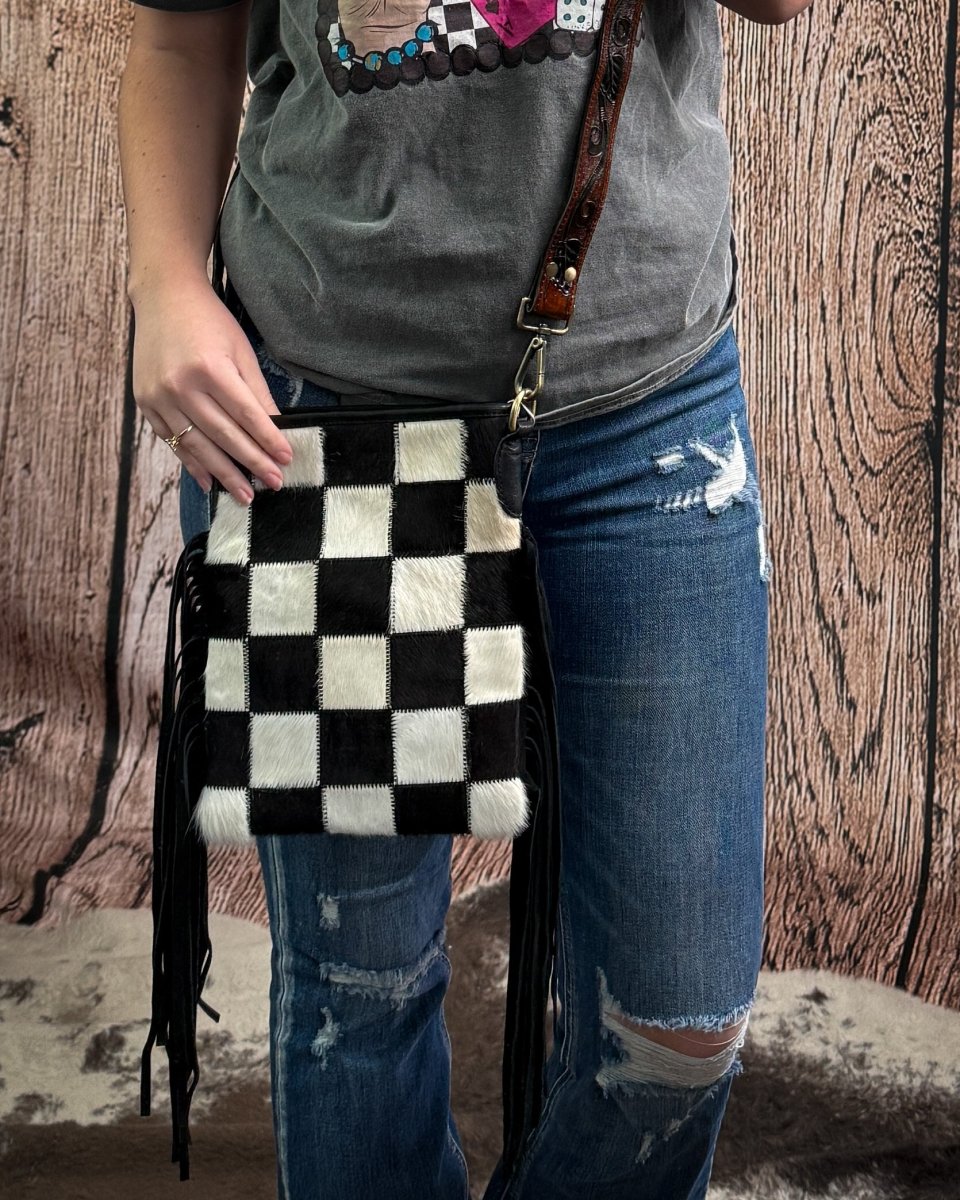 Stockyard Checkered Cowhide Fringe Purse by Countryside Co.