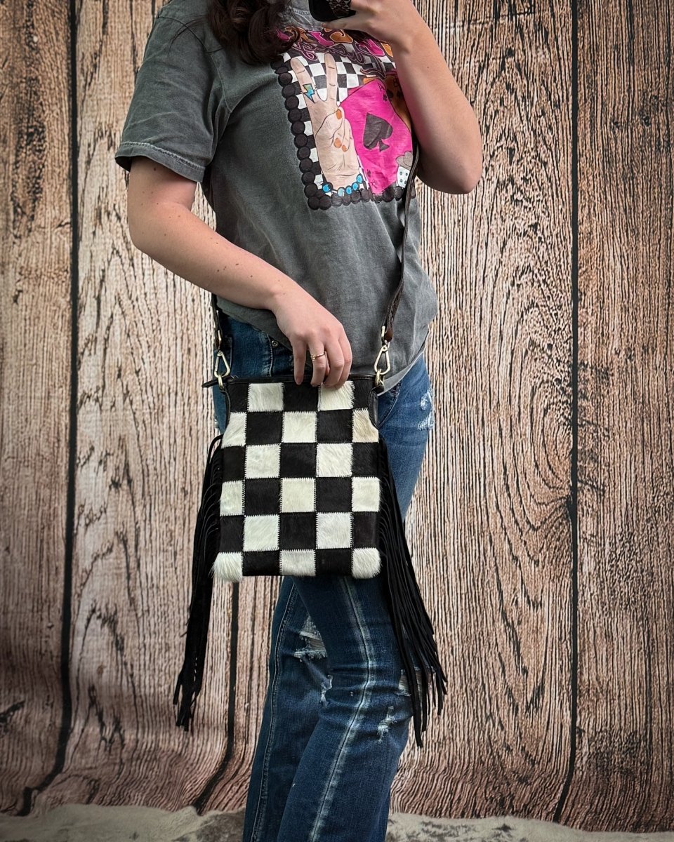 Stockyard Checkered Cowhide Fringe Purse by Countryside Co.