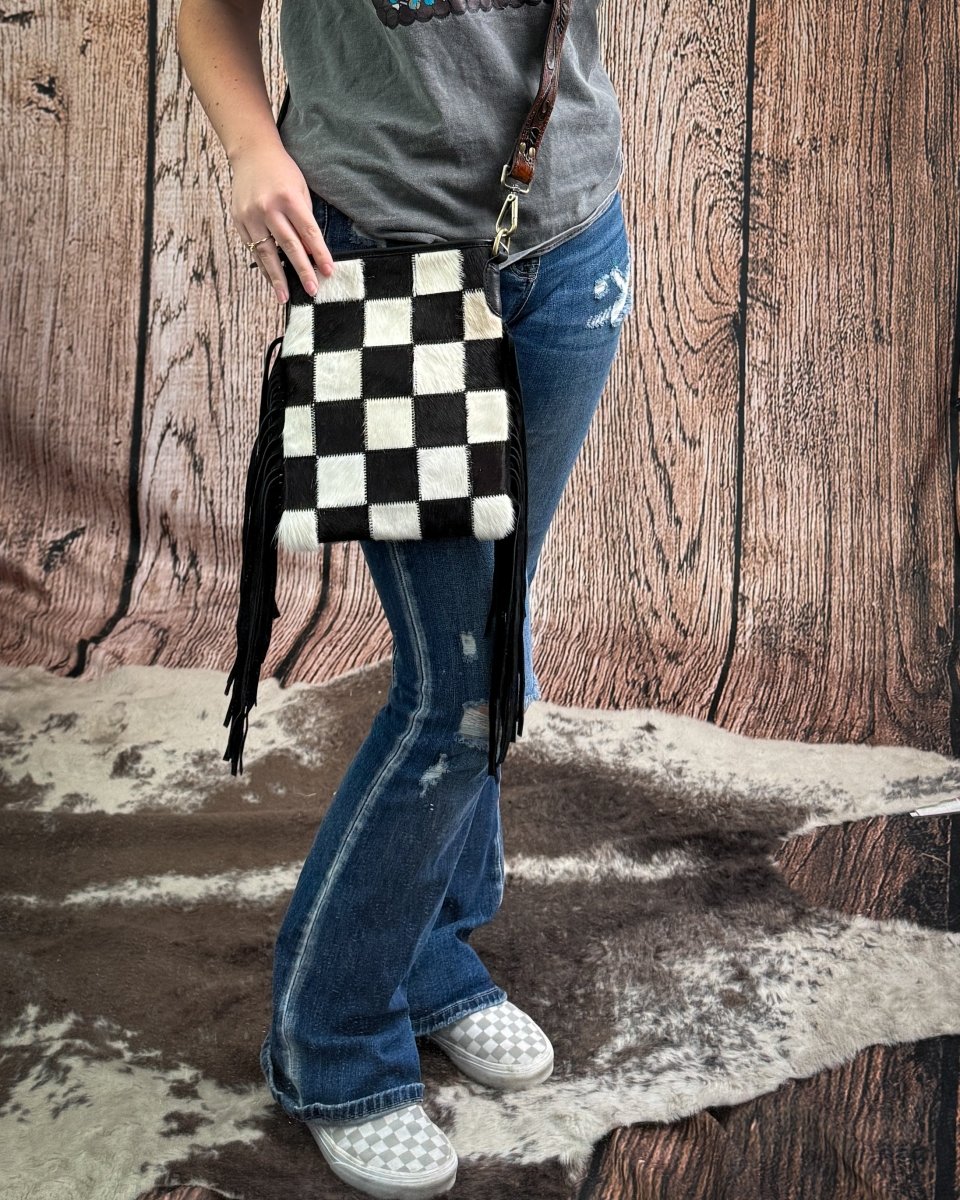 Stockyard Checkered Cowhide Fringe Purse by Countryside Co.