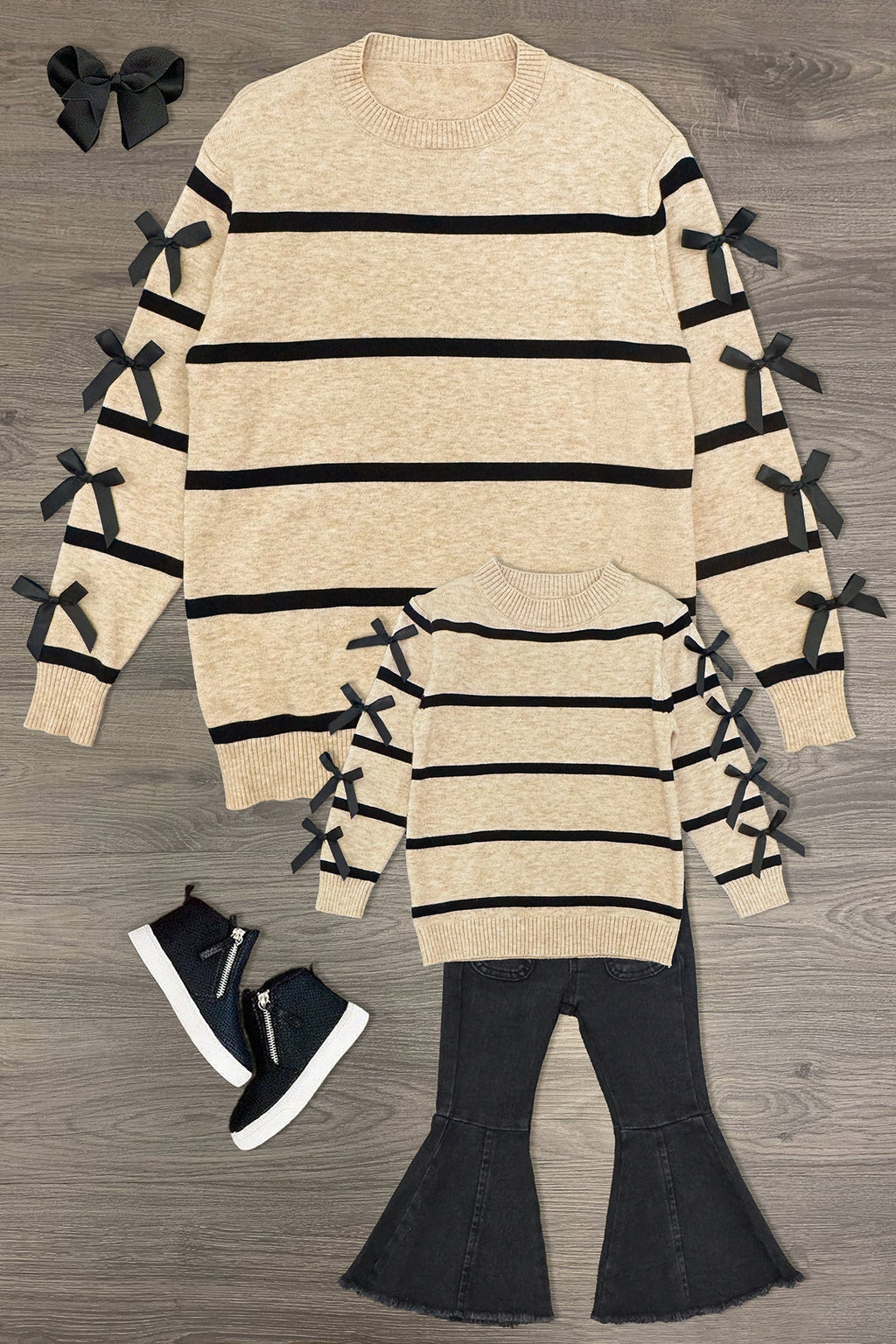 Mom & Me - Striped Bow Sweater & Denim Pant Set