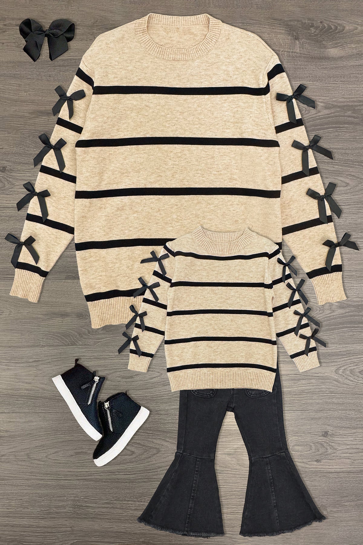 Mom & Me - Striped Bow Sweater & Denim Pant Set