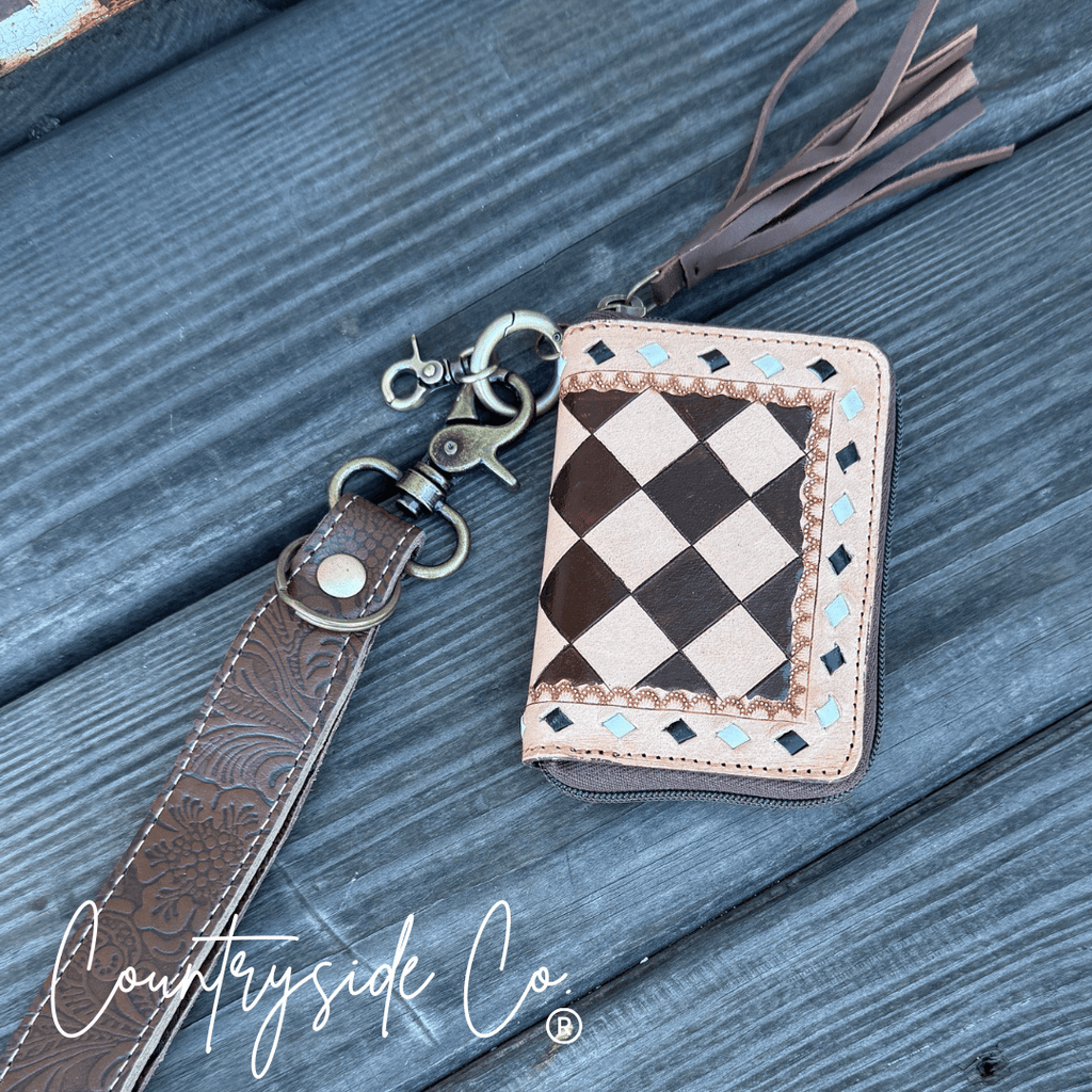 The Sidekick Checkered Leather Mini Wallet in Brown by Countryside Co.