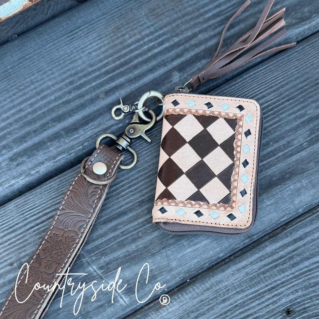 The Sidekick Checkered Leather Mini Wallet in Brown by Countryside Co.