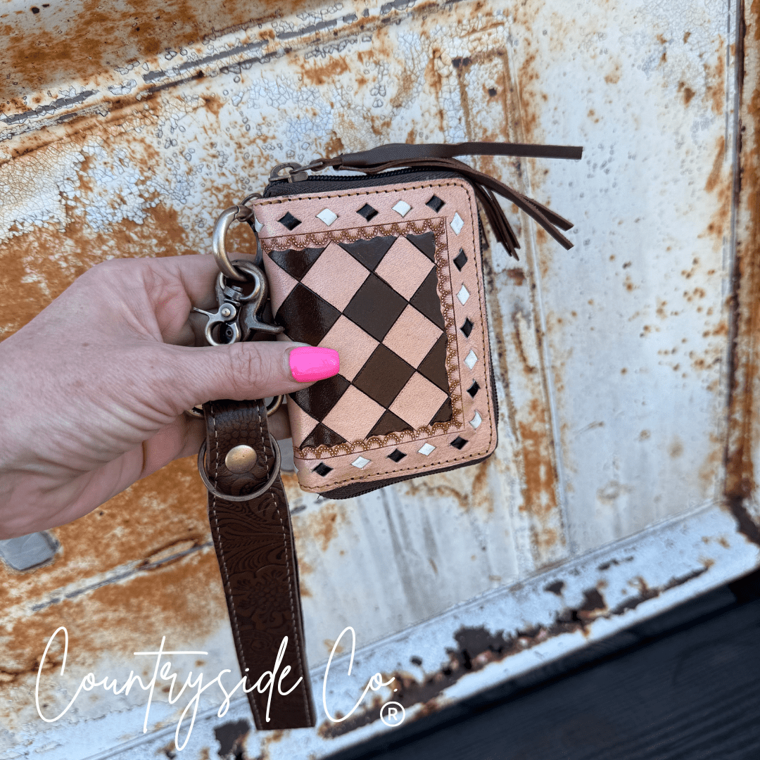 The Sidekick Checkered Leather Mini Wallet in Brown by Countryside Co.