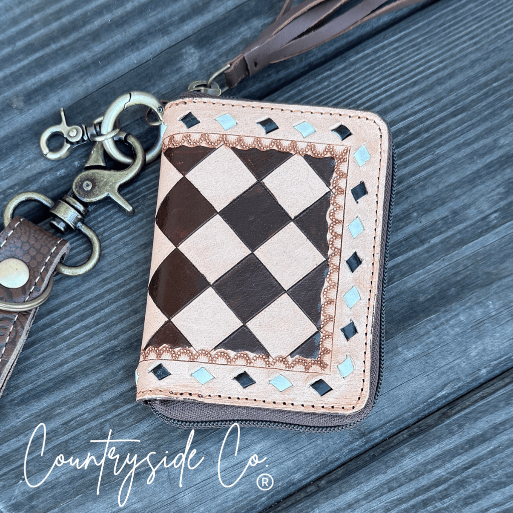 The Sidekick Checkered Leather Mini Wallet in Brown by Countryside Co.