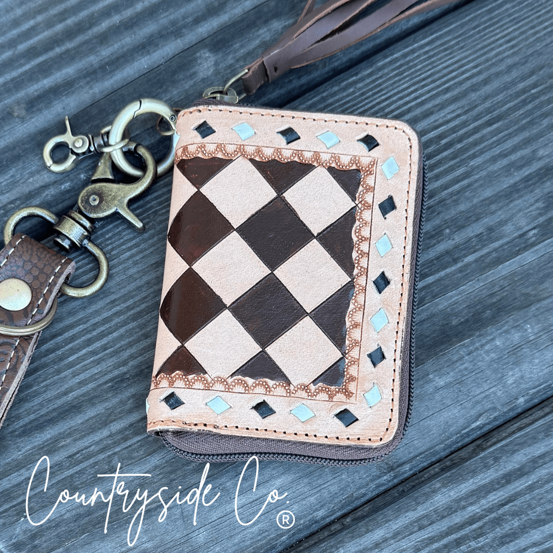 The Sidekick Checkered Leather Mini Wallet in Brown by Countryside Co.