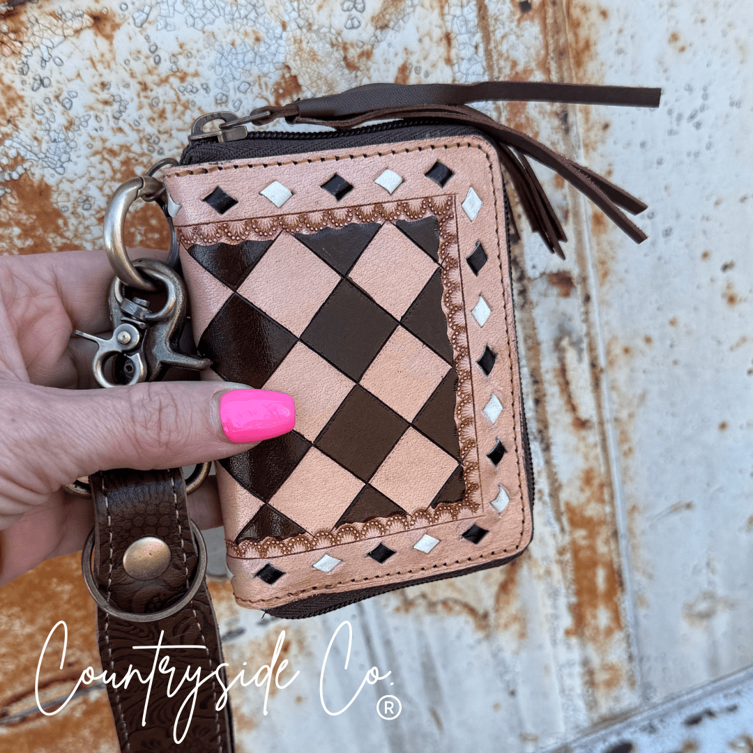 The Sidekick Checkered Leather Mini Wallet in Brown by Countryside Co.