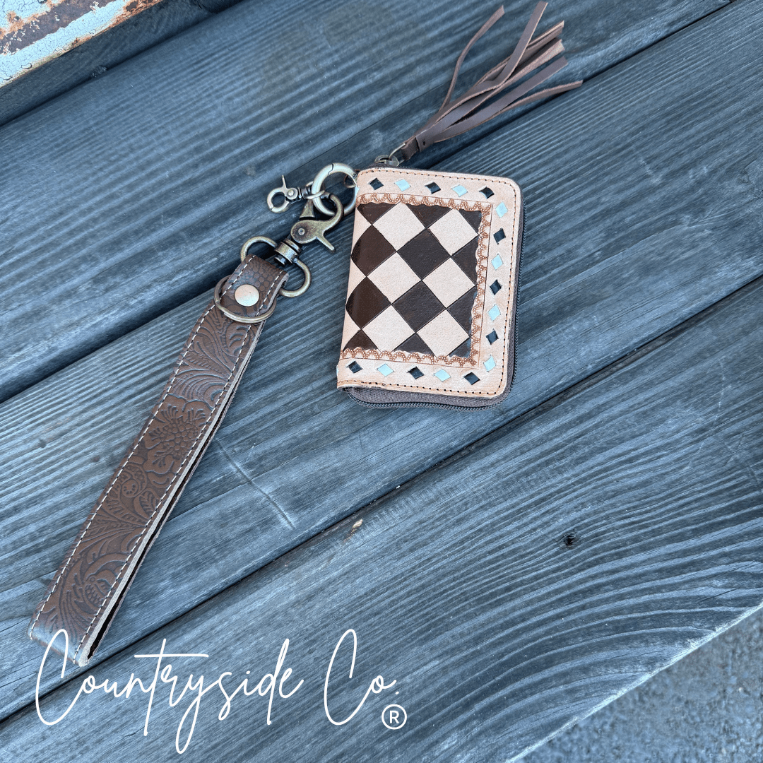 The Sidekick Checkered Leather Mini Wallet in Brown by Countryside Co.